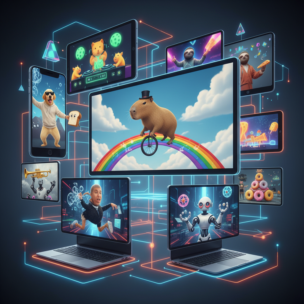 A collage showing various AI-generated video content on multiple screens, featuring surreal scenes like animals in unusual situations, memes, and bizarre scenarios. Modern digital environment with smartphones and computers displaying these videos. Clean, tech-focused composition with vibrant colors. No text.