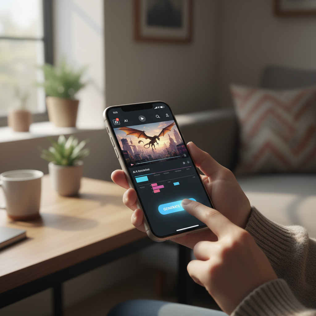 A person using smartphone to create AI-generated videos, with the screen showing video creation interface. Modern lifestyle photography showing the ease of AI content creation. Soft lighting, realistic hands holding phone, casual environment. No text.