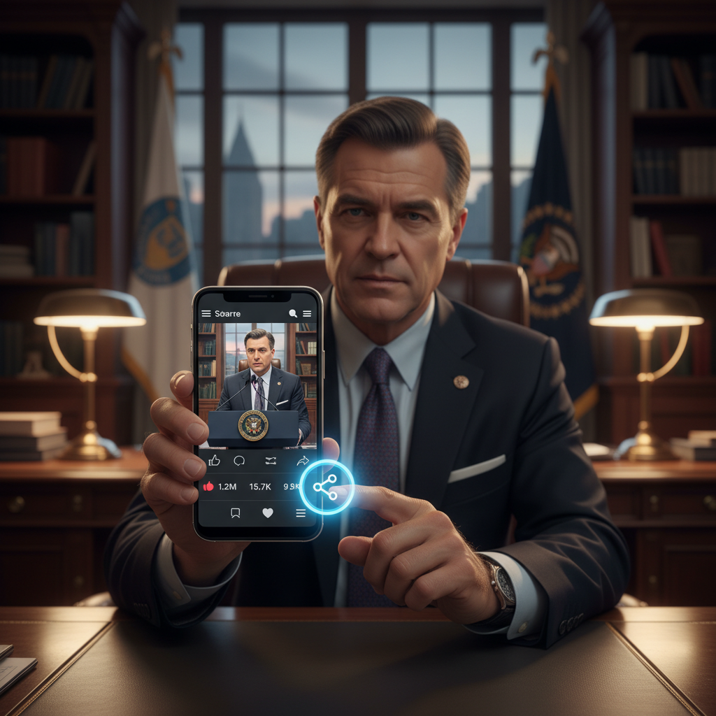 A political figure sharing content on social media platform, showing smartphone screen with video post and engagement metrics. Professional setting with formal attire, realistic lighting. Focus on the act of digital content sharing. No text.
