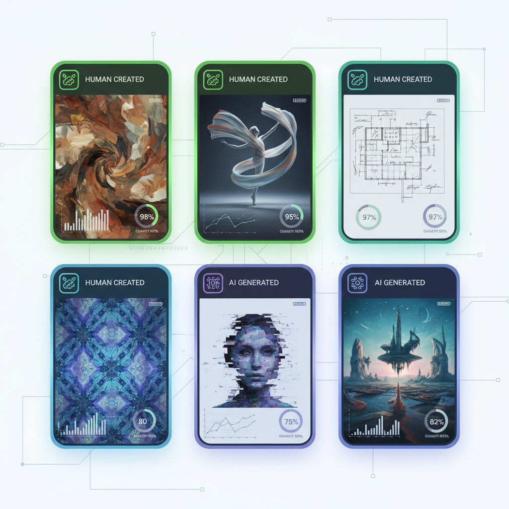 Multiple digital screens showing different types of content with quality indicators and labels. Modern infographic style showing the distinction between AI-generated and human-created content. Clean, organized layout with visual hierarchy. No text.