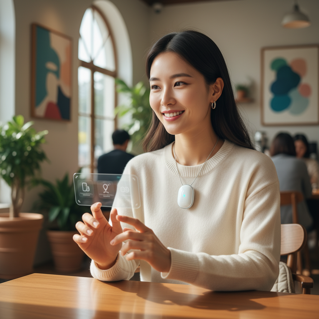 A Korean woman is smiling while wearing a small, sleek white pebble-like AI device around her neck, similar to a pendant. The device has a subtle glowing light. She is in a modern, well-lit cafe, casually interacting with the device. Lifestyle photography, natural lighting, soft focus background. No text.