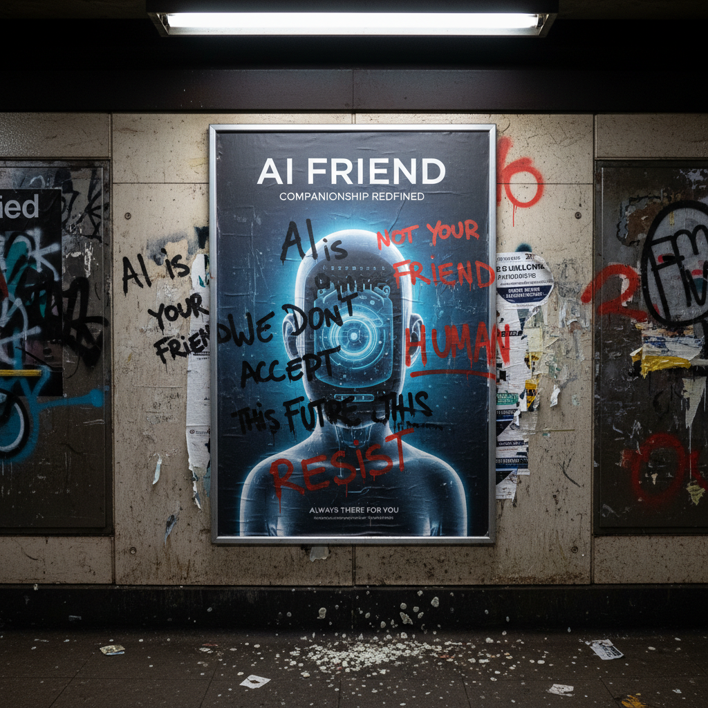 A defaced advertisement on a New York City subway wall. The poster features a clean, futuristic design promoting an AI friend device, but handwritten graffiti like 'AI is not your friend' or 'We don't have to accept this future' is scrawled over it. Gritty, realistic street photography style. No text.