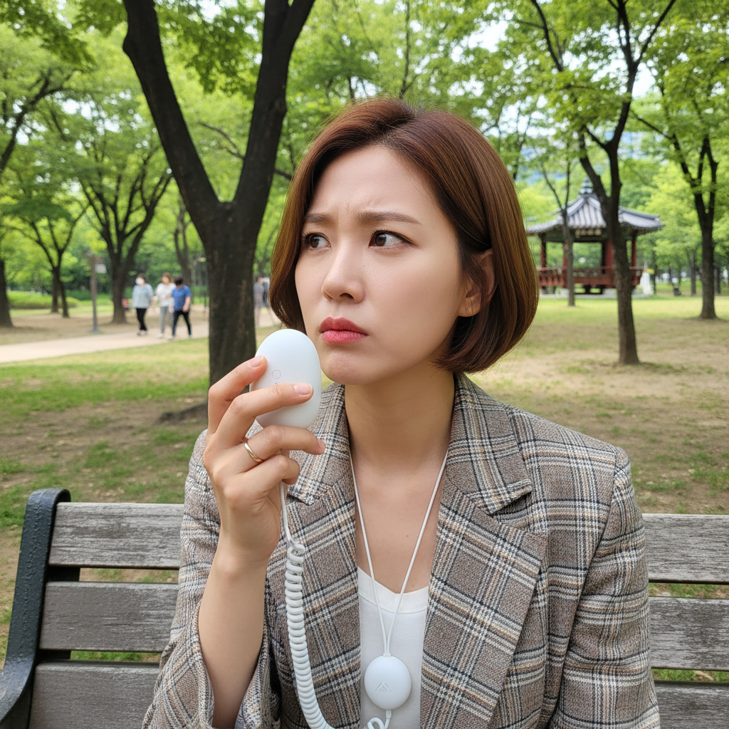 A Korean journalist is sitting on a park bench, looking slightly bored or irritated, speaking into a small white pebble-like AI device hanging around her neck. She has a questioning expression. The park is green and peaceful, but her expression suggests internal conflict. Lifestyle photography, natural outdoor lighting. No text.