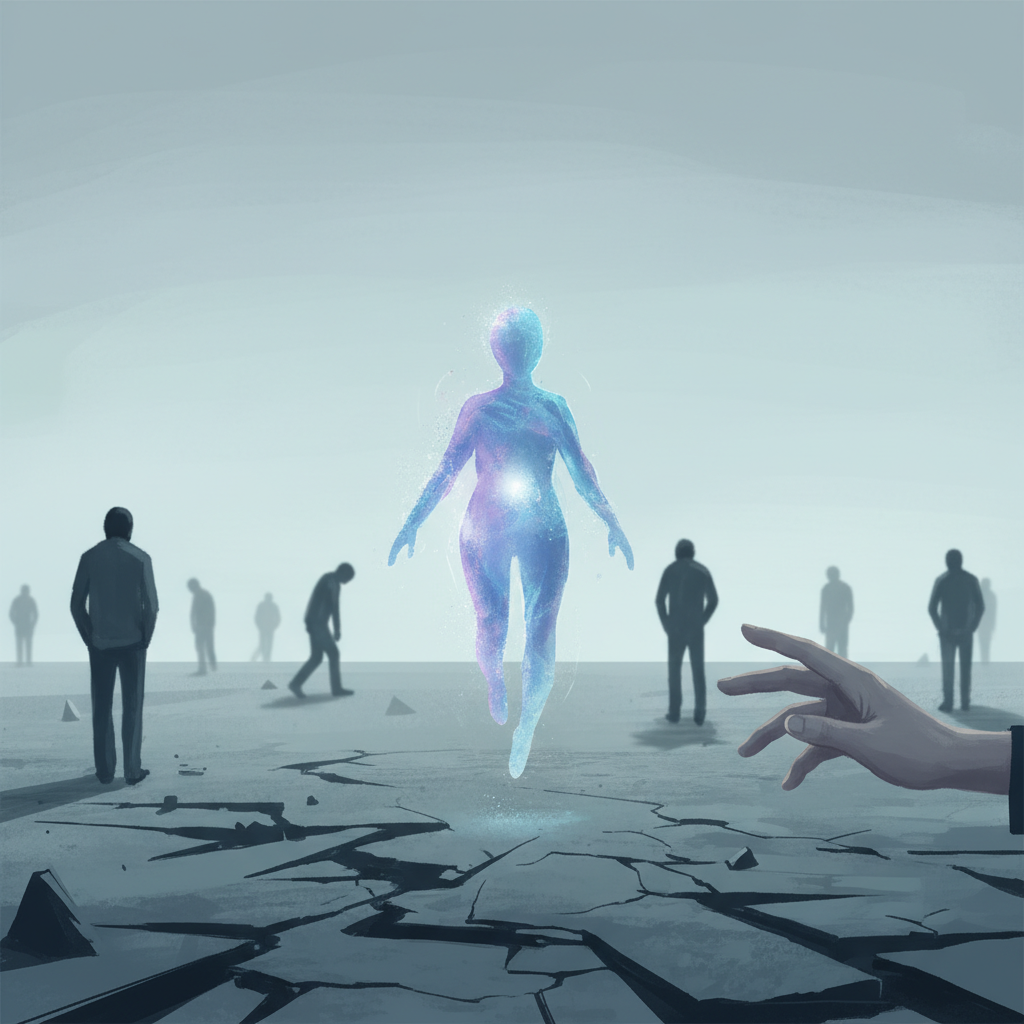 A person's hand reaching out towards a glowing, somewhat indistinct AI companion figure, while in the background, blurry human figures are walking away or isolated. The scene evokes a sense of loneliness or detachment from human connection. Symbolic illustration with cool, slightly melancholic tones. No text.