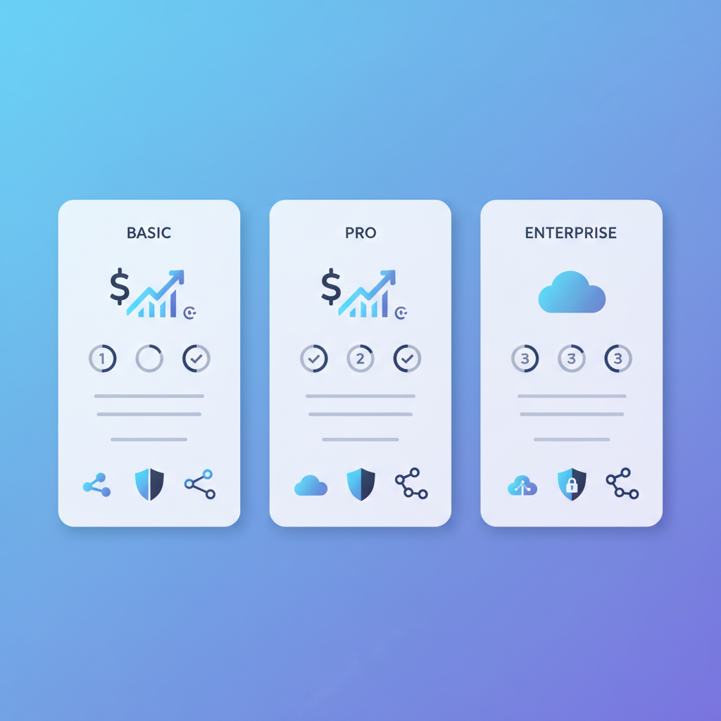 Clean infographic showing subscription plan comparison with pricing tiers, features displayed in organized layout, modern digital interface design, professional business graphics, no text
