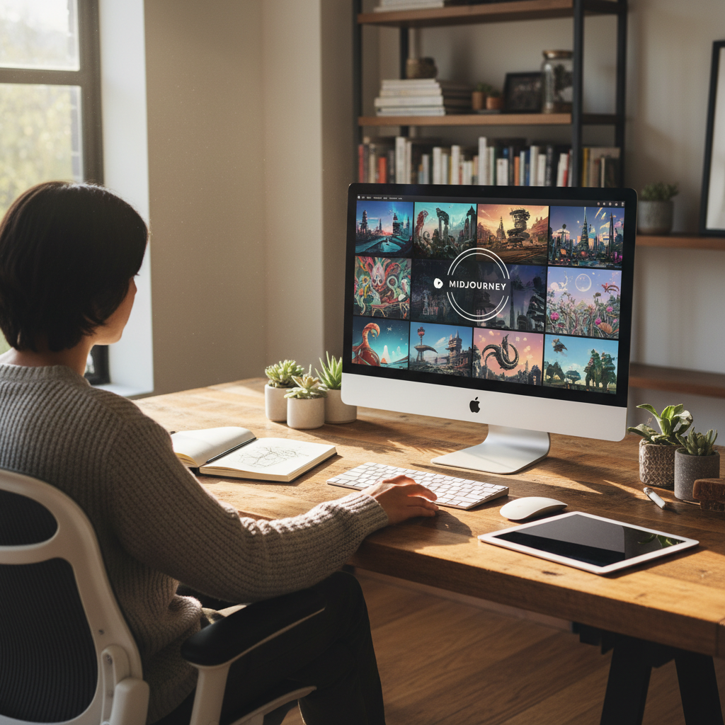 Person using Midjourney on computer screen, AI-generated artwork displayed, creative workspace environment, natural lighting, modern home office setup, lifestyle photography style, no text
