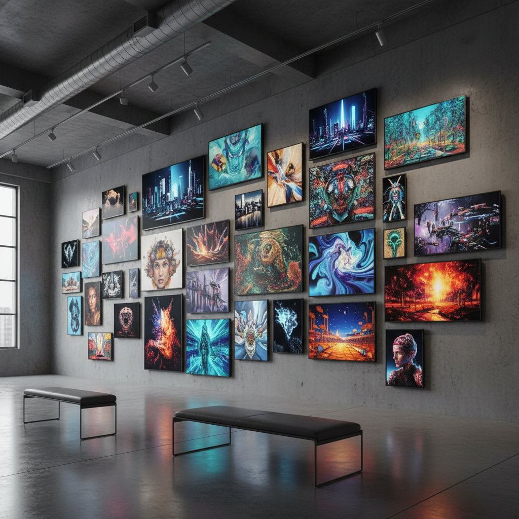 Gallery of diverse AI-generated artworks displayed on digital screens, various artistic styles showcased, creative studio atmosphere, professional presentation layout, vibrant colors, no text