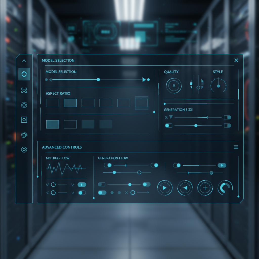 Computer interface showing Midjourney parameter settings and options, technical dashboard view, clean UI design, professional software environment, detailed controls visible, no text
