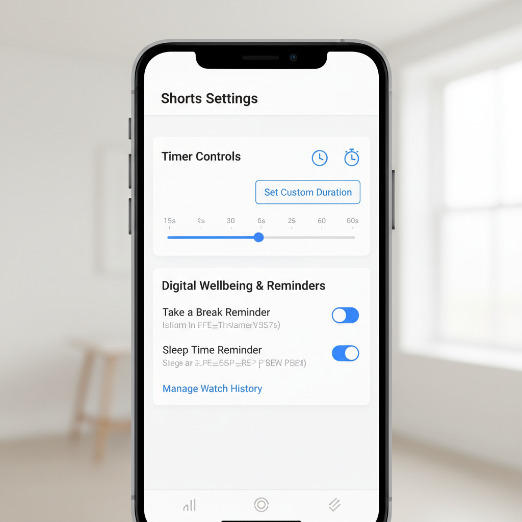 A clean smartphone screen showing YouTube Shorts settings interface with timer controls and digital wellbeing options, modern app design, bright lighting, no text