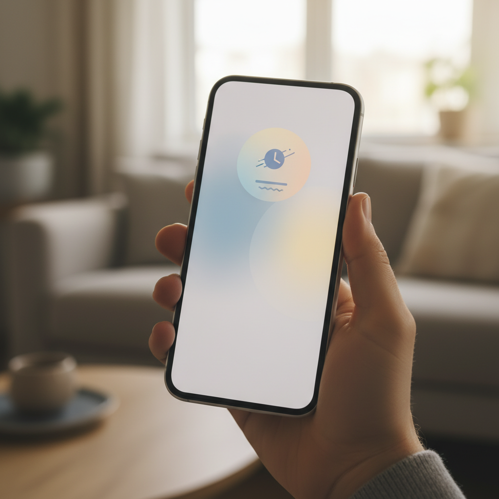 A realistic smartphone displaying a gentle notification popup about time limits, with soft colors and user-friendly interface design, lifestyle photography style, no text