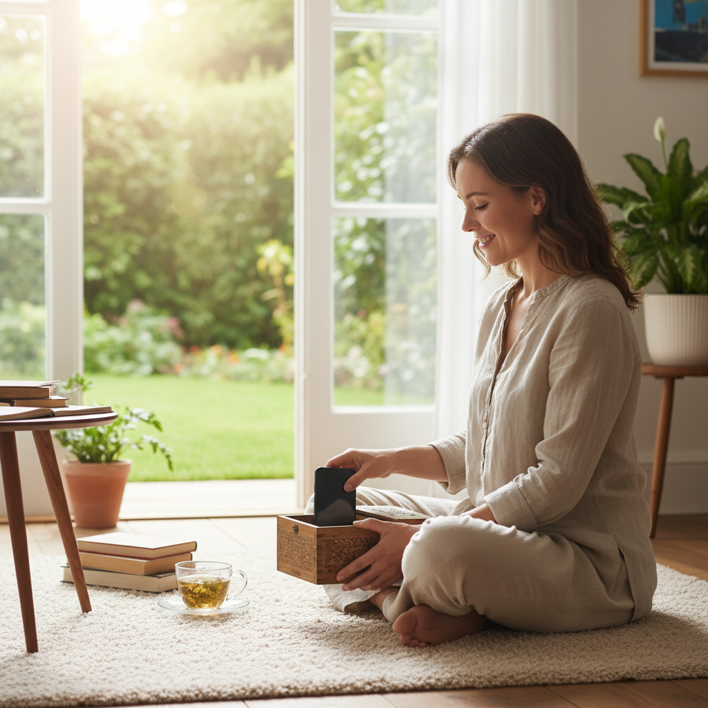A peaceful scene showing a person setting healthy boundaries with their smartphone, balanced lifestyle concept with natural lighting and calm atmosphere, no text