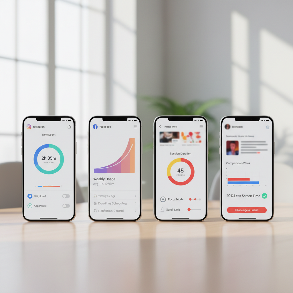 Multiple smartphones displaying different social media apps with time management settings, comparison concept, clean modern design with good lighting, no text