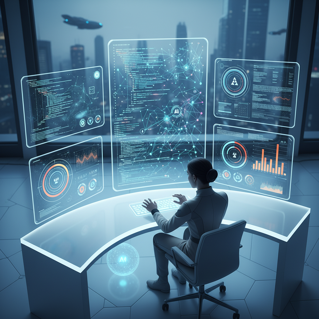 An overhead shot of a person sitting at a desk, looking at multiple screens displaying code and deployment dashboards. The atmosphere is modern and slightly futuristic, emphasizing the integration of AI in software development. Style: clean infographic, no text in image.