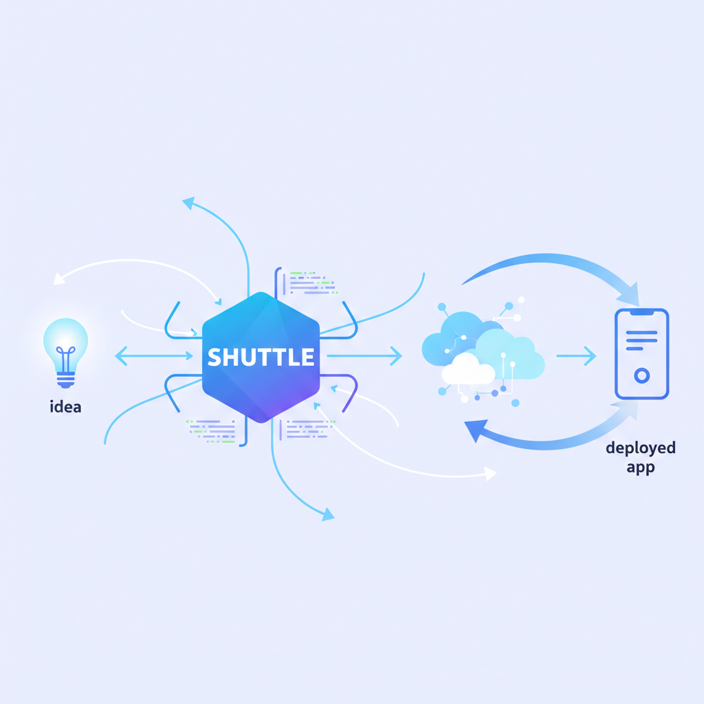A digital illustration showing a streamlined process from "idea" to "deployed app" with Shuttle acting as a central hub. Cloud icons, code snippets, and a simplified user interface are visible. Style: modern infographic, clean design, no text.
