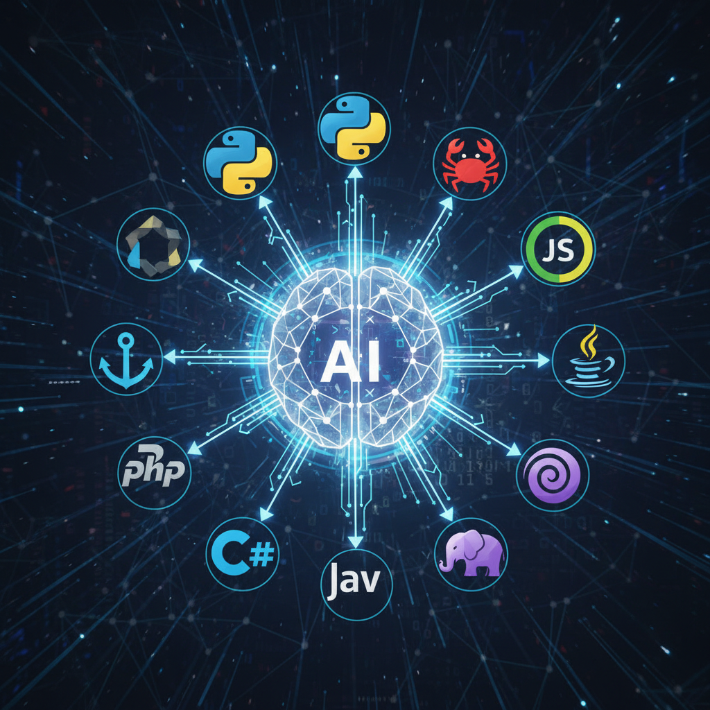 A stylized graphic showing different programming language logos (Python, JavaScript, Rust, etc.) converging into a central AI brain or hub, representing Shuttle's expansion across languages. Interconnecting lines and data flow are visible. Style: high-tech illustration, no text.