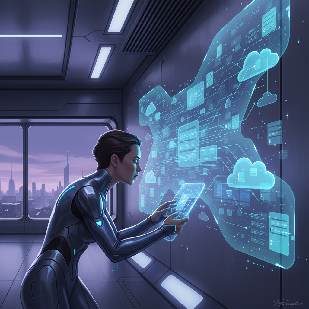 A person speaking into a futuristic device, with a holographic display showing cloud infrastructure being configured seamlessly in the background. The interaction is intuitive and effortless. Style: sci-fi concept art, no text.