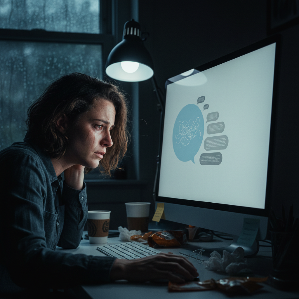 A person sitting at a computer screen having a conversation with ChatGPT, showing emotional distress on their face. The screen displays chat bubbles. Moody lighting, realistic photography style, no text.