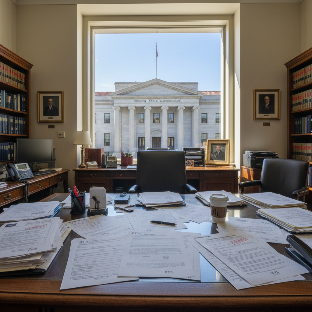 FTC building exterior with official documents and complaint forms scattered on a desk. Professional government office atmosphere, natural daylight, realistic photography, no text.
