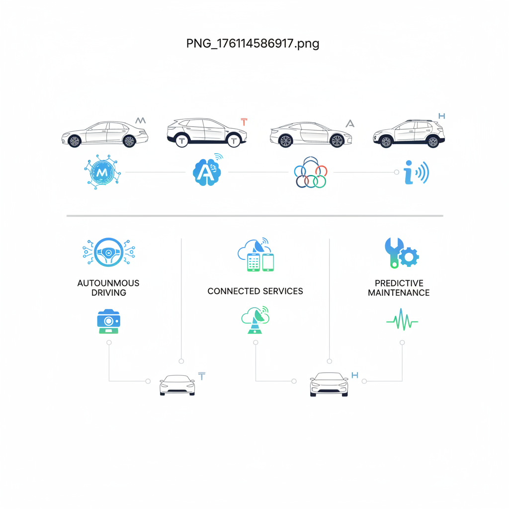 Infographic-style illustration showing different car brands with AI assistant logos, modern automotive technology comparison, clean design with vehicle silhouettes, professional layout, no text