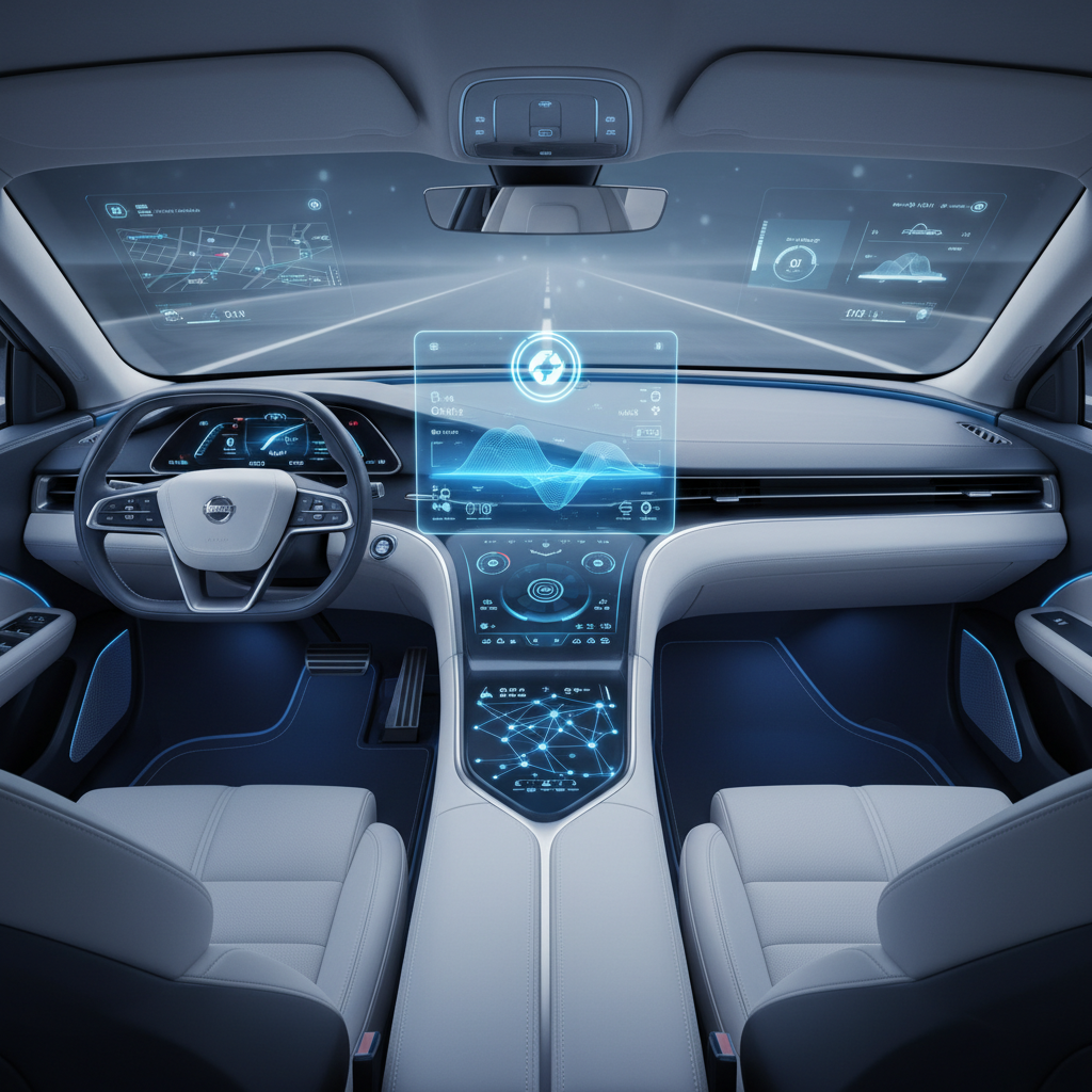 Futuristic car dashboard showing OnStar integration with AI assistant, holographic interface elements, modern vehicle interior, blue and white color scheme, high-tech automotive design, no text