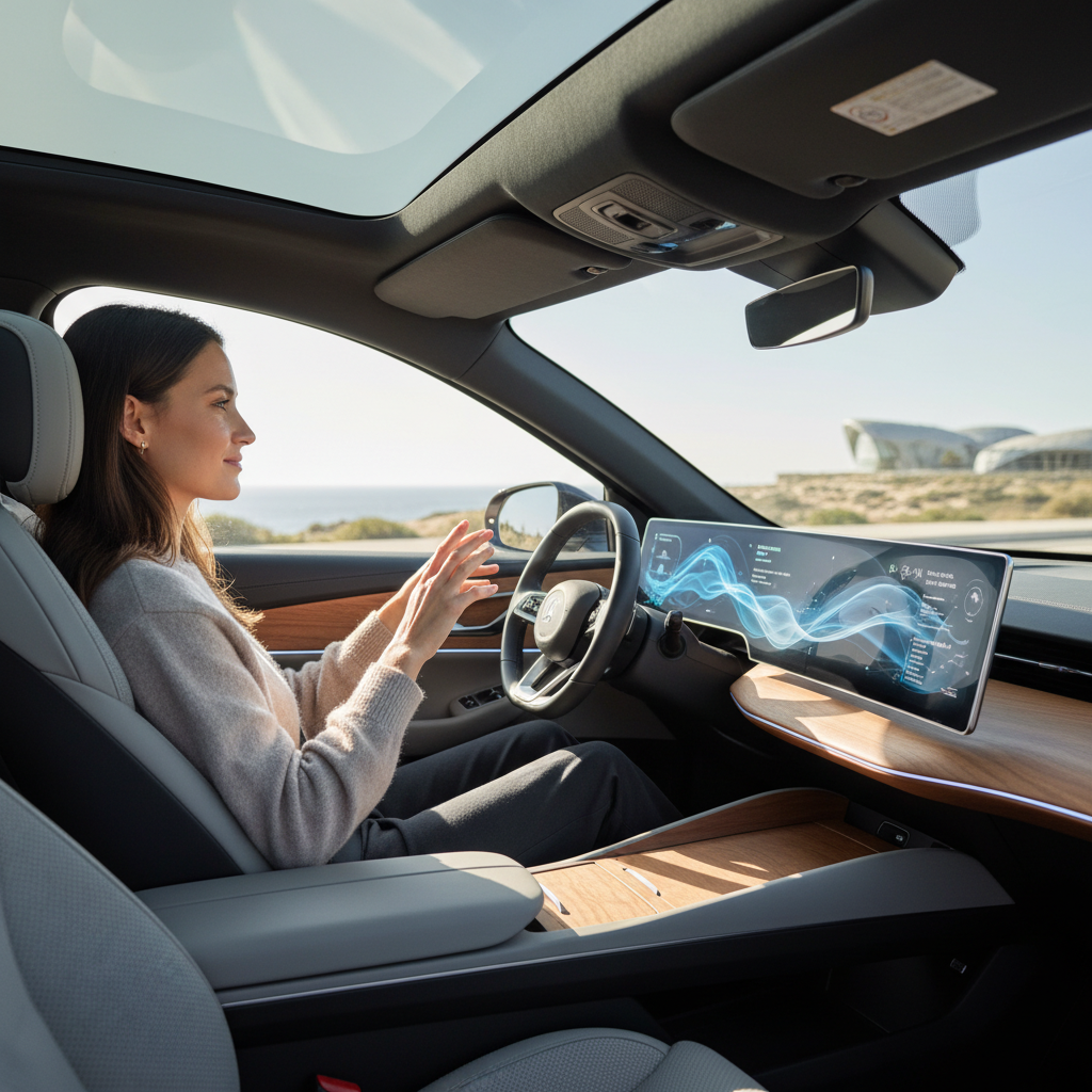 Professional lifestyle photography of person in modern car using voice commands, dashboard showing AI responses, natural daylight, comfortable driving position, clean automotive interior, futuristic but realistic scene, no text