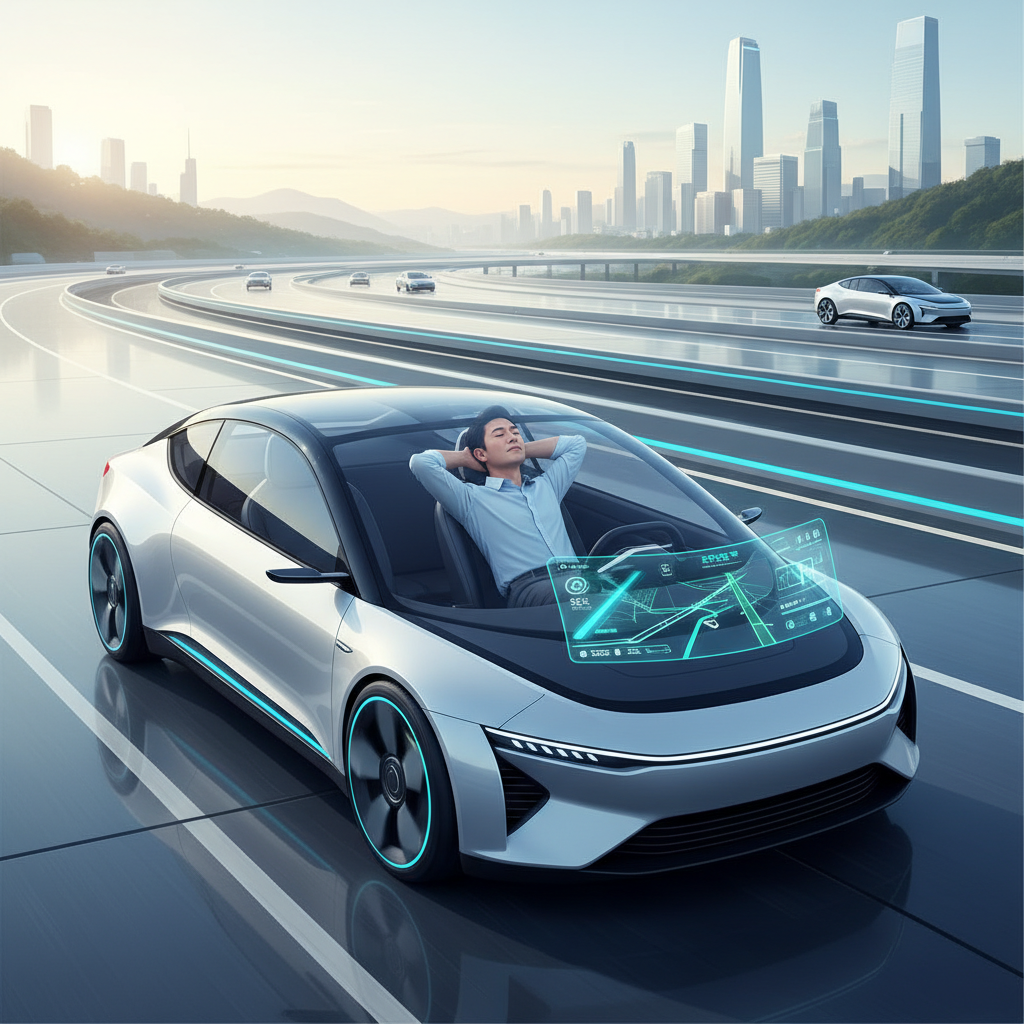 A futuristic car driving autonomously on a highway with a Korean driver relaxing inside, hands off the wheel and eyes looking away. The dashboard shows advanced navigation. Clean infographic style, bright natural lighting, no text.