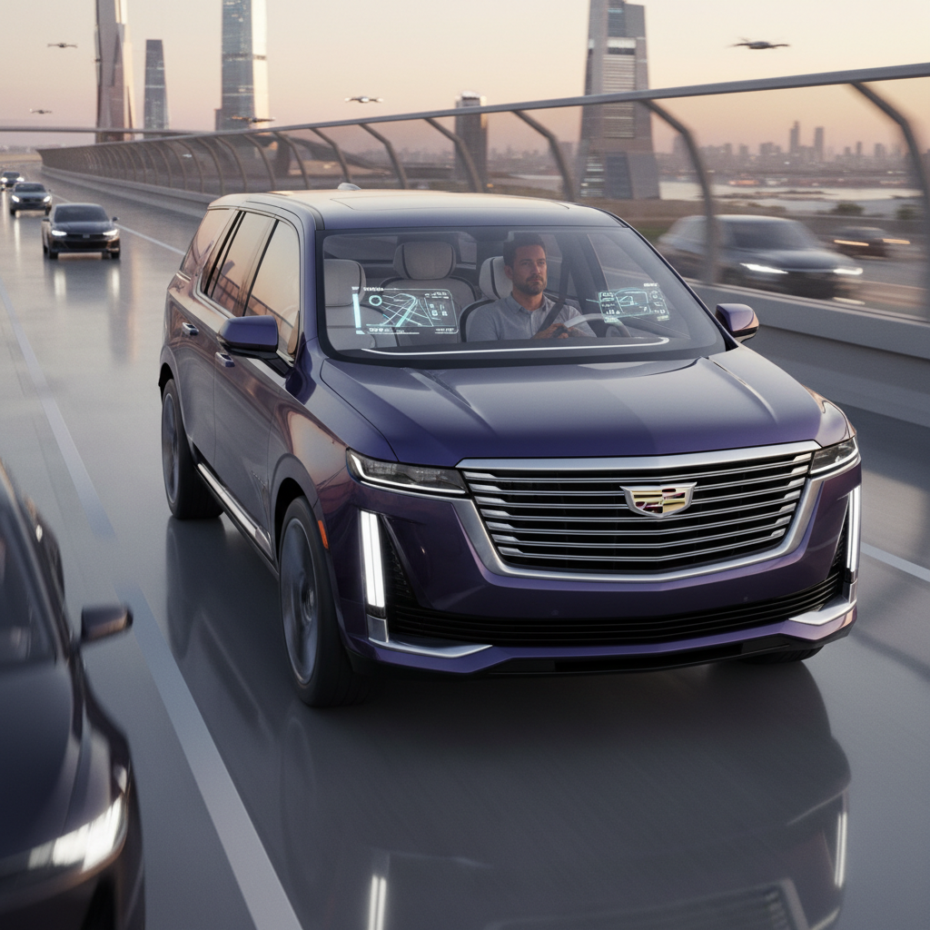 A sleek Cadillac Escalade IQ driving on a modern highway. The focus is on the driver's relaxed posture, indicating "eyes-off, hands-off" driving. Realistic lifestyle photography, futuristic touch, no text.