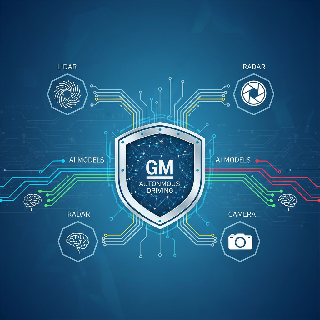 An intricate infographic showing the integration of various sensor technologies (Lidar, Radar, Cameras) and AI models, symbolizing the advanced Cruise technology being absorbed into GM's new autonomous driving system. Clean lines, technological aesthetic, no text.