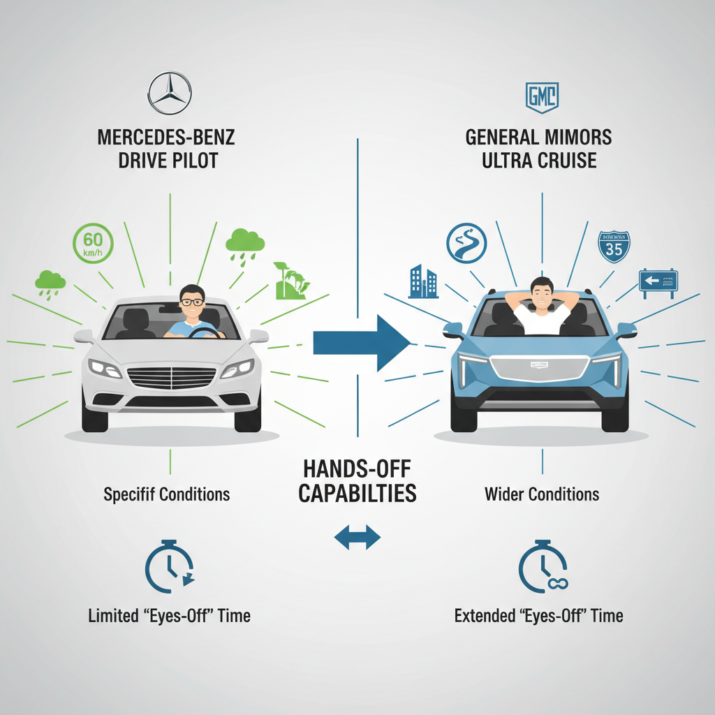 A comparison infographic illustrating two different autonomous driving systems (e.g., Mercedes vs. GM). One shows a driver attentive in specific conditions (Mercedes), the other shows a driver more relaxed in wider conditions (GM). Highlight the difference in "eyes-off, hands-off" capabilities. Clean and clear, no text.
