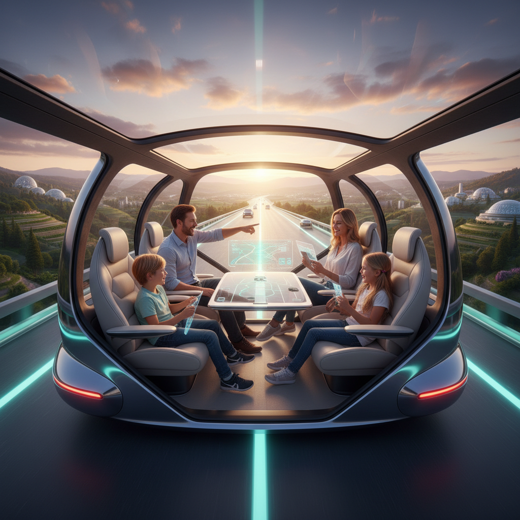 A family enjoying a leisurely trip in a futuristic, fully autonomous personal vehicle on a scenic highway. The interior is comfortable, and the focus is on the experience rather than driving. Warm, inviting lifestyle photography, no text.