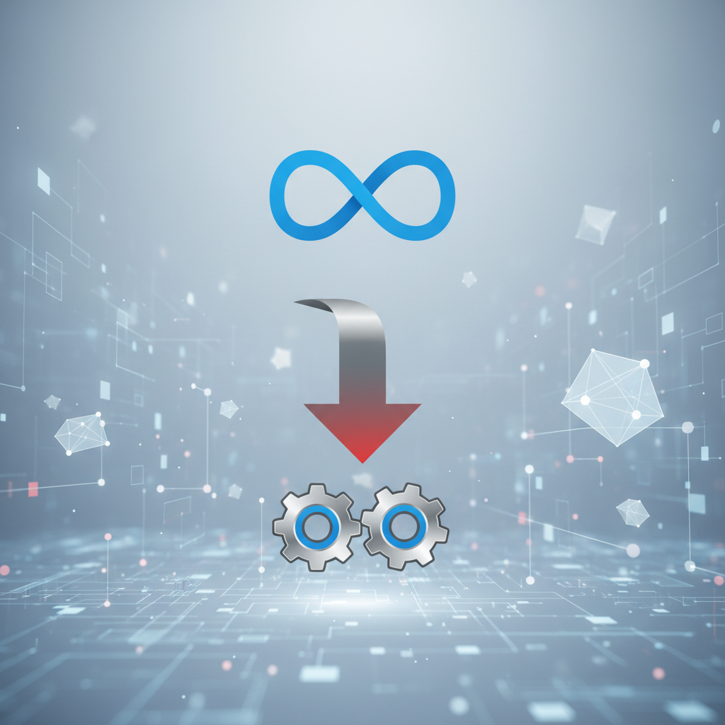 A stylized infographic depicting Meta's logo with a downward arrow showing job cuts and a gears icon representing reorganization. The background is a digital landscape with subtle AI elements. Clean infographic style, no text.