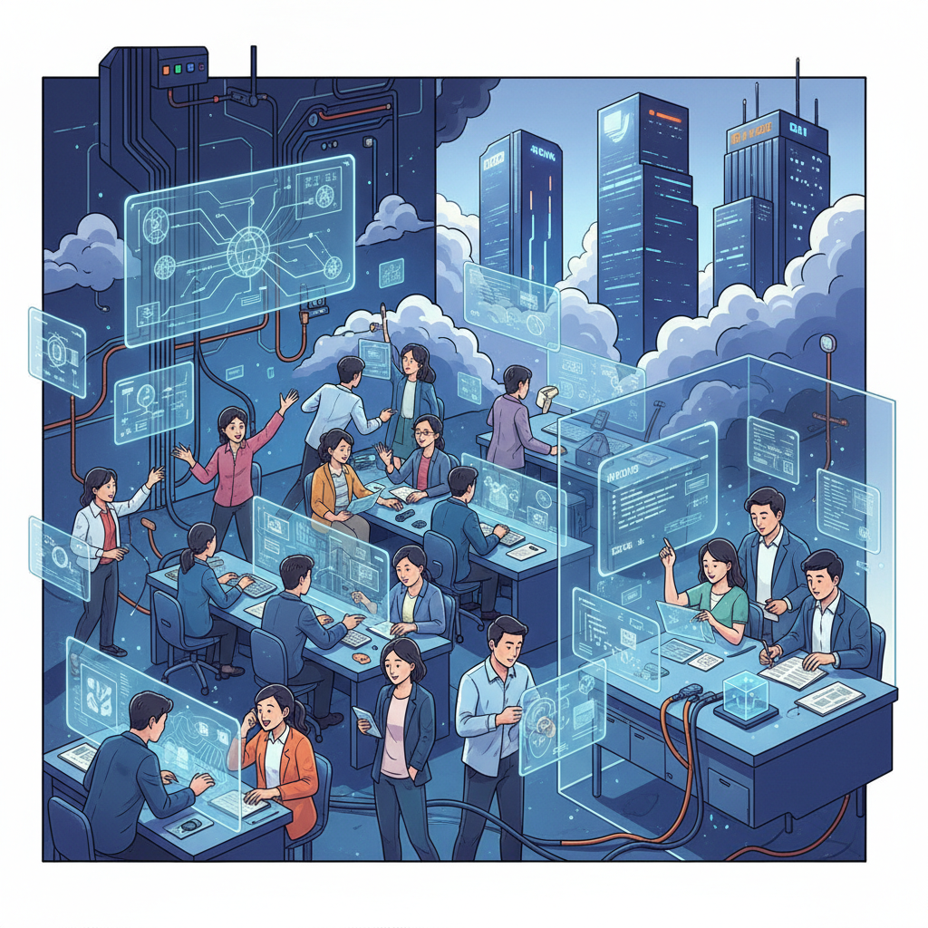 A dynamic illustration showing diverse researchers (Korean individuals) working on AI projects, with a subtle background representing competitive tech companies. One area shows fewer people but more focused work, symbolizing efficiency. Style: modern illustration, no text.