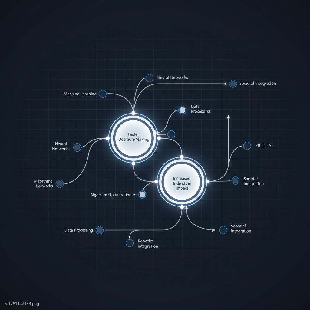 A futuristic, sleek infographic showing a flowchart or network diagram representing AI development, with key nodes highlighted for faster decision-making and increased individual impact. Dark blue and white color scheme. Clean infographic style, no text.