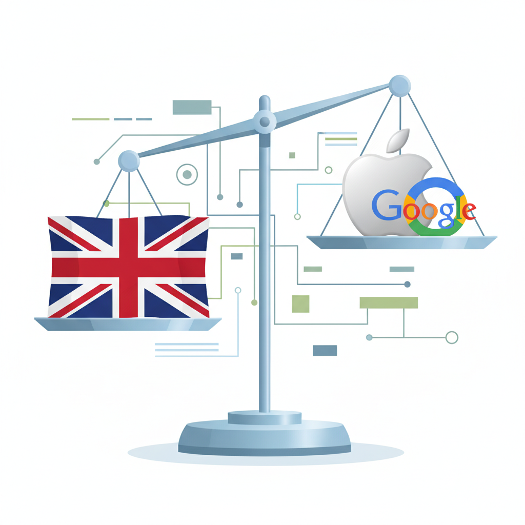 A balanced scale with the UK flag on one side and the Apple and Google logos on the other, symbolizing market regulation. The background is a clean, modern infographic style. No text.