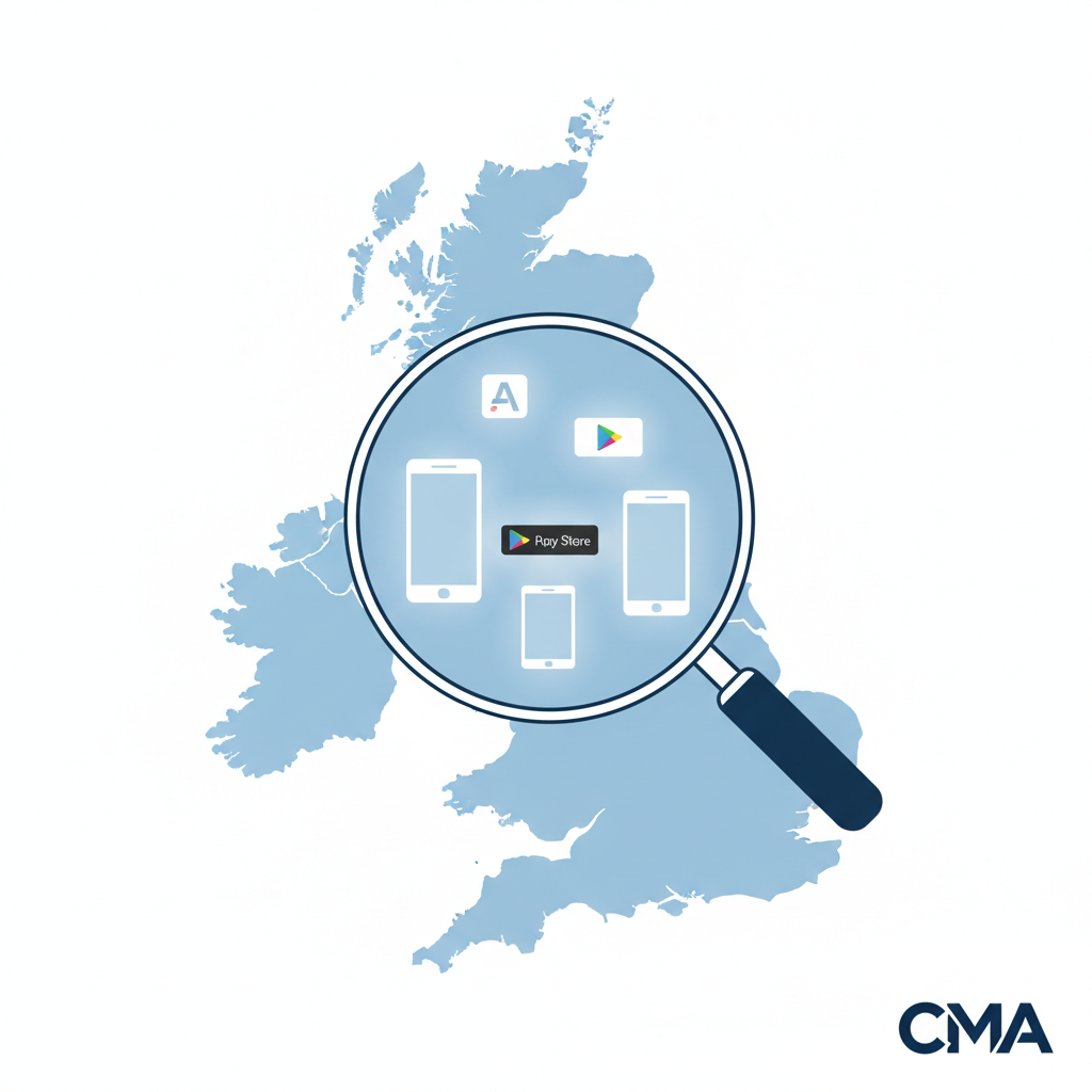 A clean infographic showing the UK map with a magnifying glass over it, highlighting mobile devices and app store icons. The CMA logo is subtly included. Style: clean infographic. No text.