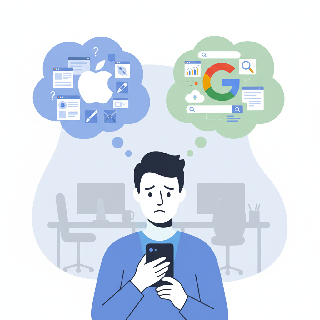 Two distinct thought bubbles, one with an Apple logo and the other with a Google logo, showing differing opinions. In the background, a person looking confused at a smartphone. Style: illustration. No text.