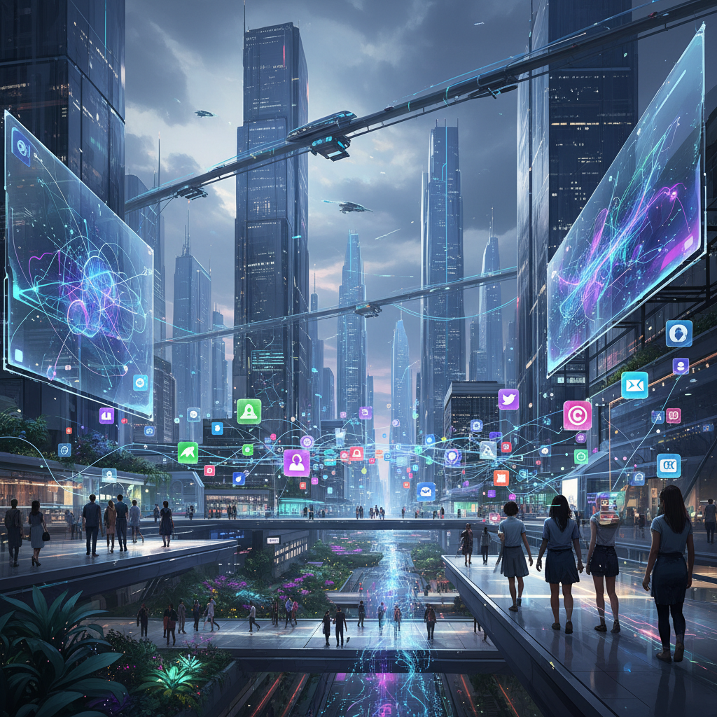 A futuristic cityscape where mobile devices are seamlessly integrated into people's lives, with interconnected networks and diverse app icons floating. Style: digital art. No text.