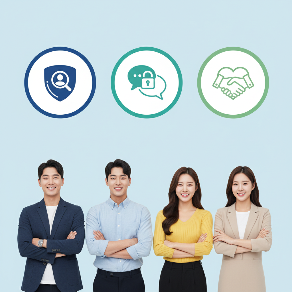 A clean infographic representing online dating safety, with icons symbolizing identity verification, secure communication, and trust. The overall style is modern and minimalist, with a sense of security and clarity. No text in image. Korean people.
