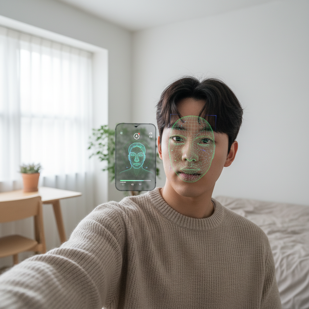 A young Korean person holding a smartphone, taking a short video selfie for facial verification on a dating app. The phone screen shows a process of 3D facial scanning. The background is a clean, modern room, with natural light. Style: lifestyle photography. No text.