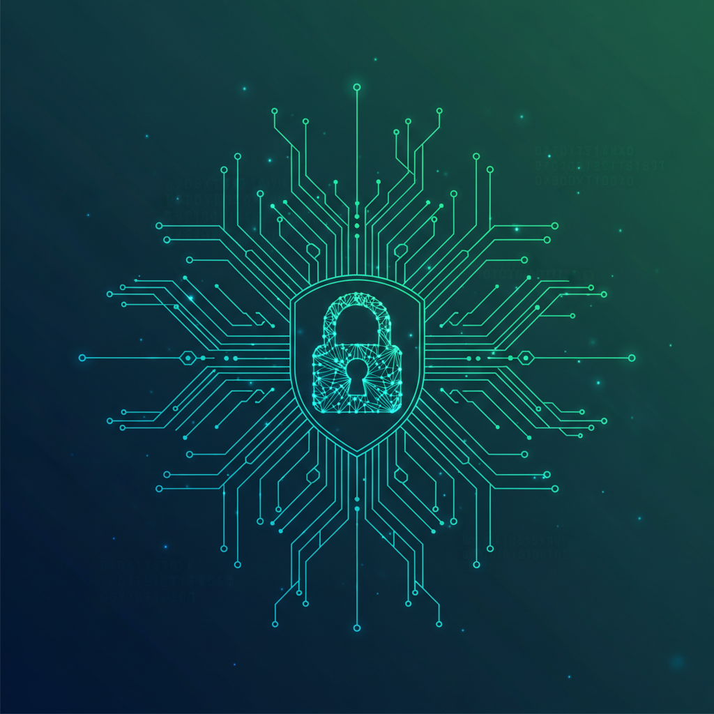 An intricate network of glowing lines and nodes symbolizing data encryption and privacy protection within a digital environment. A secure lock icon is integrated into the design, emphasizing security. The colors are cool blues and greens, conveying trust and technology. Style: clean infographic. No text.