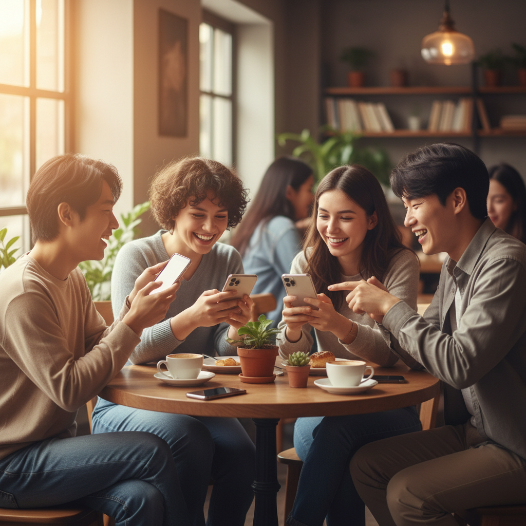 A diverse group of young Korean adults happily interacting and smiling while looking at their smartphones, depicting a positive and secure online dating experience. The setting is a cozy cafe with warm, natural lighting. Style: lifestyle photography. No text.