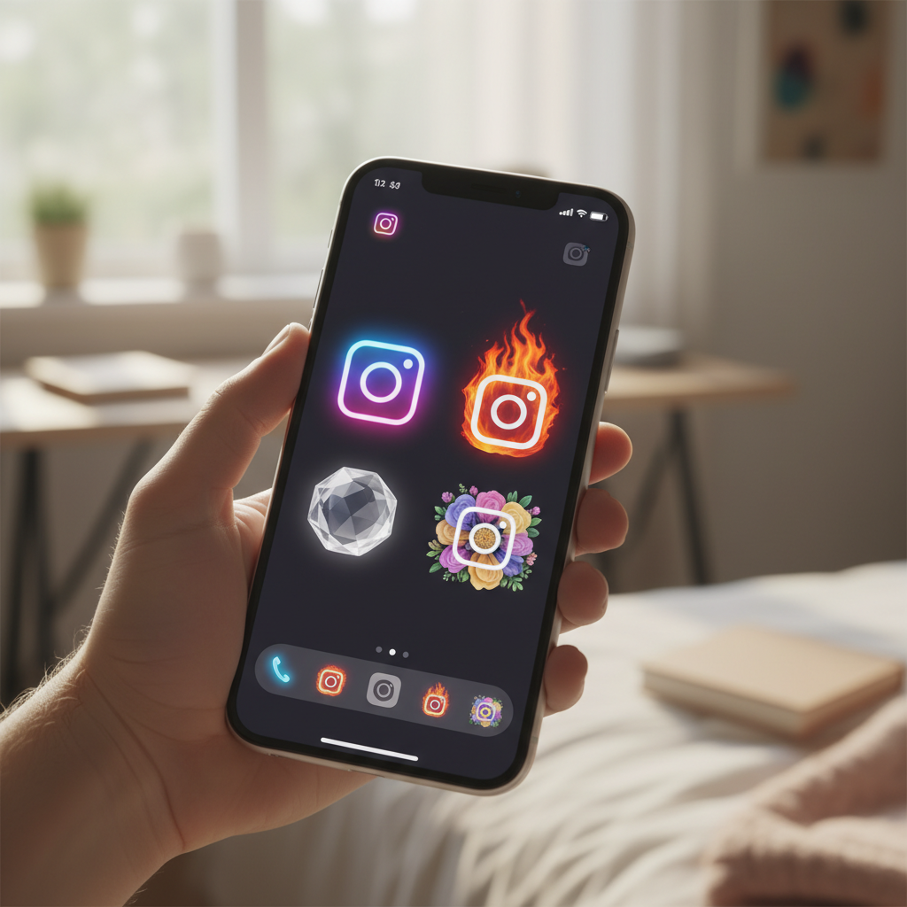 A smartphone home screen showing Instagram app with various custom icon designs including neon, glass, fire, and flower styles. Modern lifestyle photography with soft lighting, showing a teen's hand holding the phone. No text.