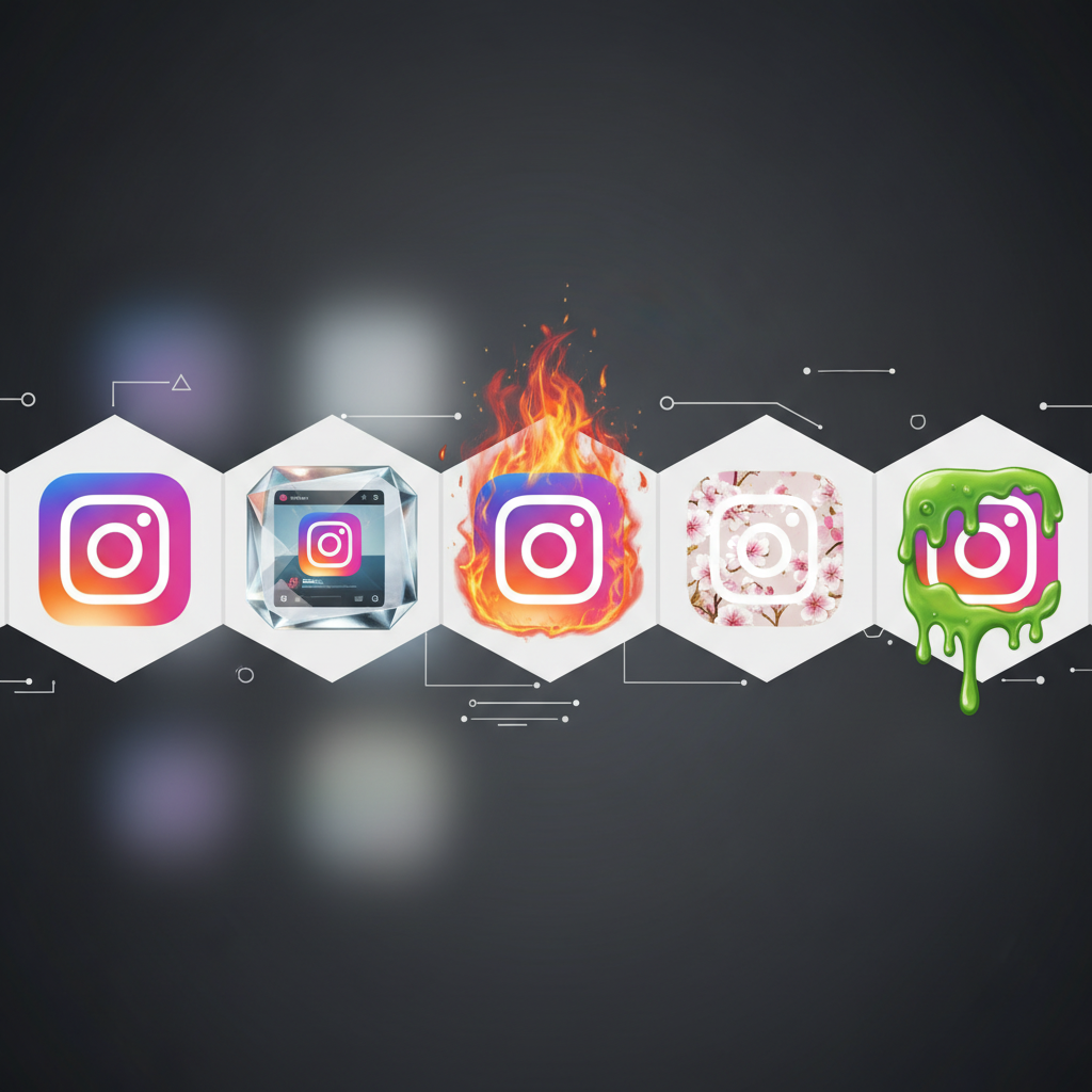 Collection of Instagram app icons in different styles - neon glow, transparent glass, fire effect, floral patterns, green slime texture. Clean infographic layout with modern design elements. No text.
