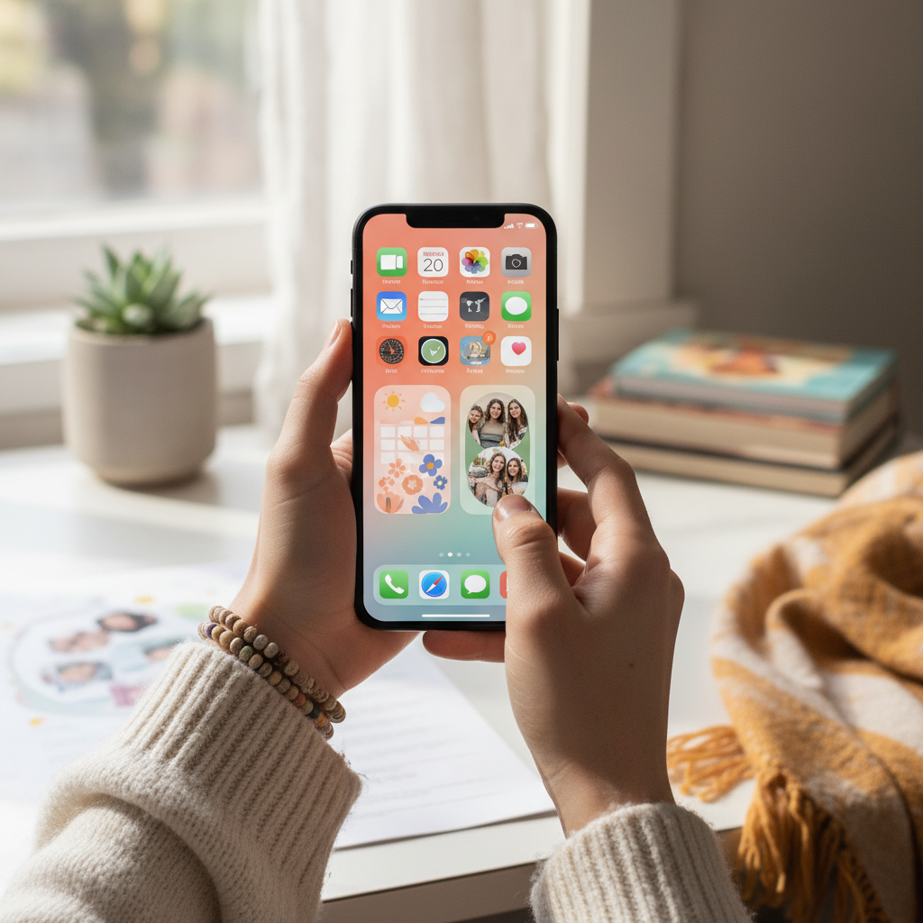 Teen hands customizing iPhone home screen with various app icons and widgets. Colorful, trendy setup with aesthetic arrangement. Lifestyle photography with natural lighting. No text.