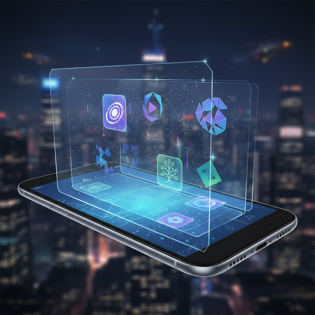 Futuristic smartphone interface showing various social media apps with highly customized icons and themes. Clean, modern design with holographic effects. Technology concept illustration. No text.
