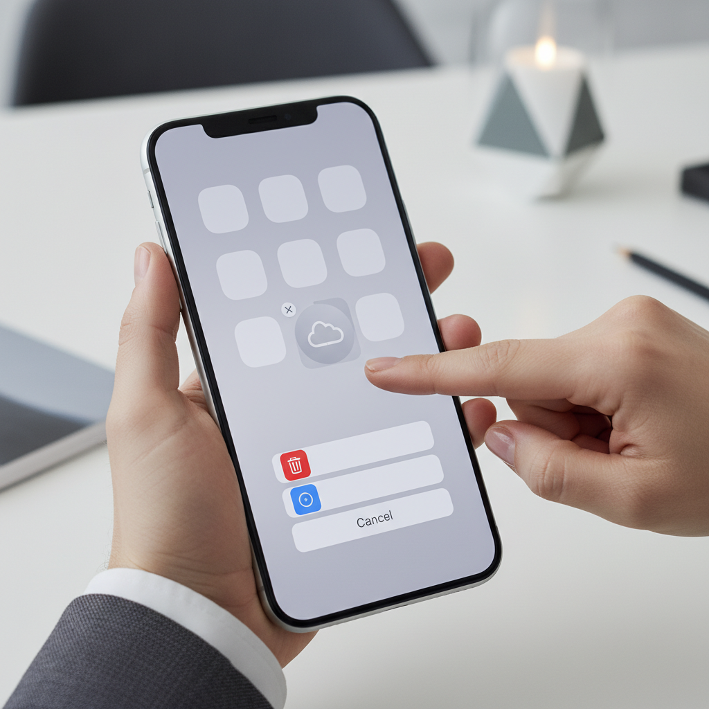 Apple App Store interface showing app removal process, with clean digital design, smartphone screen displaying app management, professional tech atmosphere, no text