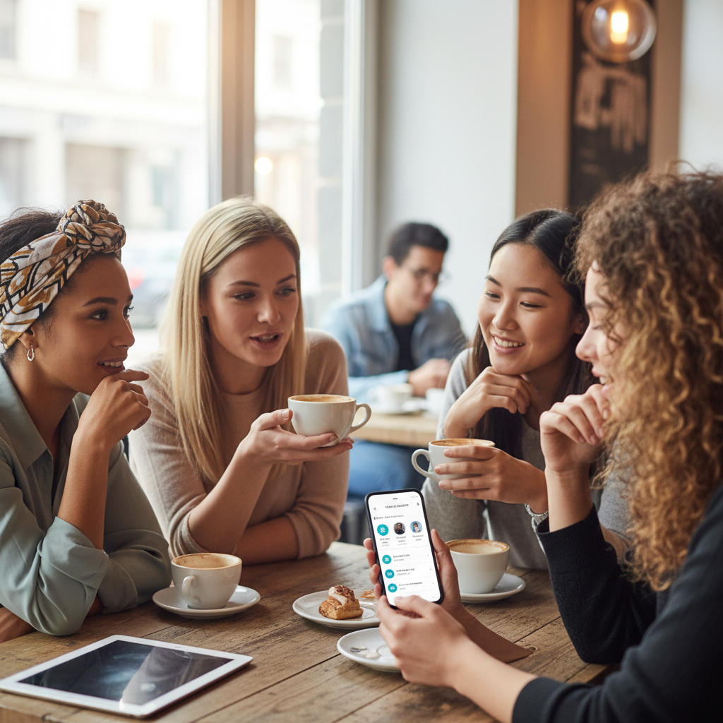 Women using dating safety app on smartphones, sharing information and reviews, modern cafe setting, lifestyle photography, natural lighting, diverse group discussing dating experiences, no text