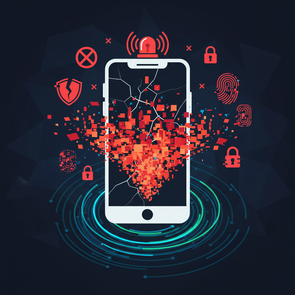 Smartphone security breach visualization, digital privacy concept, warning symbols and data protection elements, cybersecurity theme, clean infographic style, red alert indicators, no text