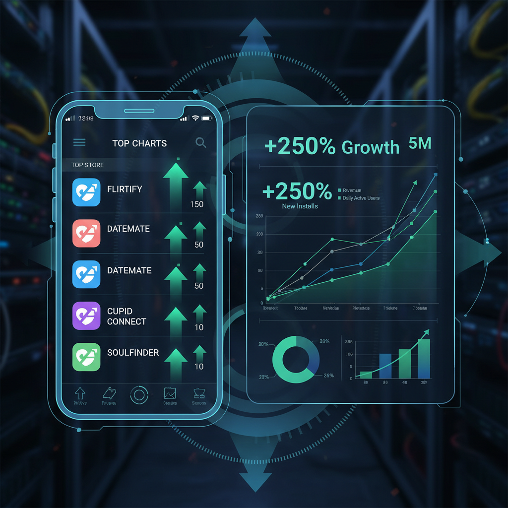 App store rankings showing new dating apps rising in charts, mobile app analytics dashboard, digital marketing success visualization, modern tech interface, growth arrows and statistics, no text