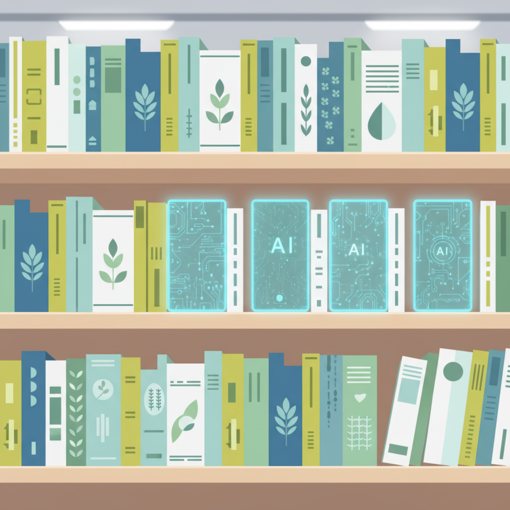 A bookstore shelf displaying various health and wellness books, some with a subtle glow or digital overlay indicating AI generation, alongside traditionally published books. Focus on a clean, inviting bookstore atmosphere with diverse book spines. No text in image, clean infographic style.